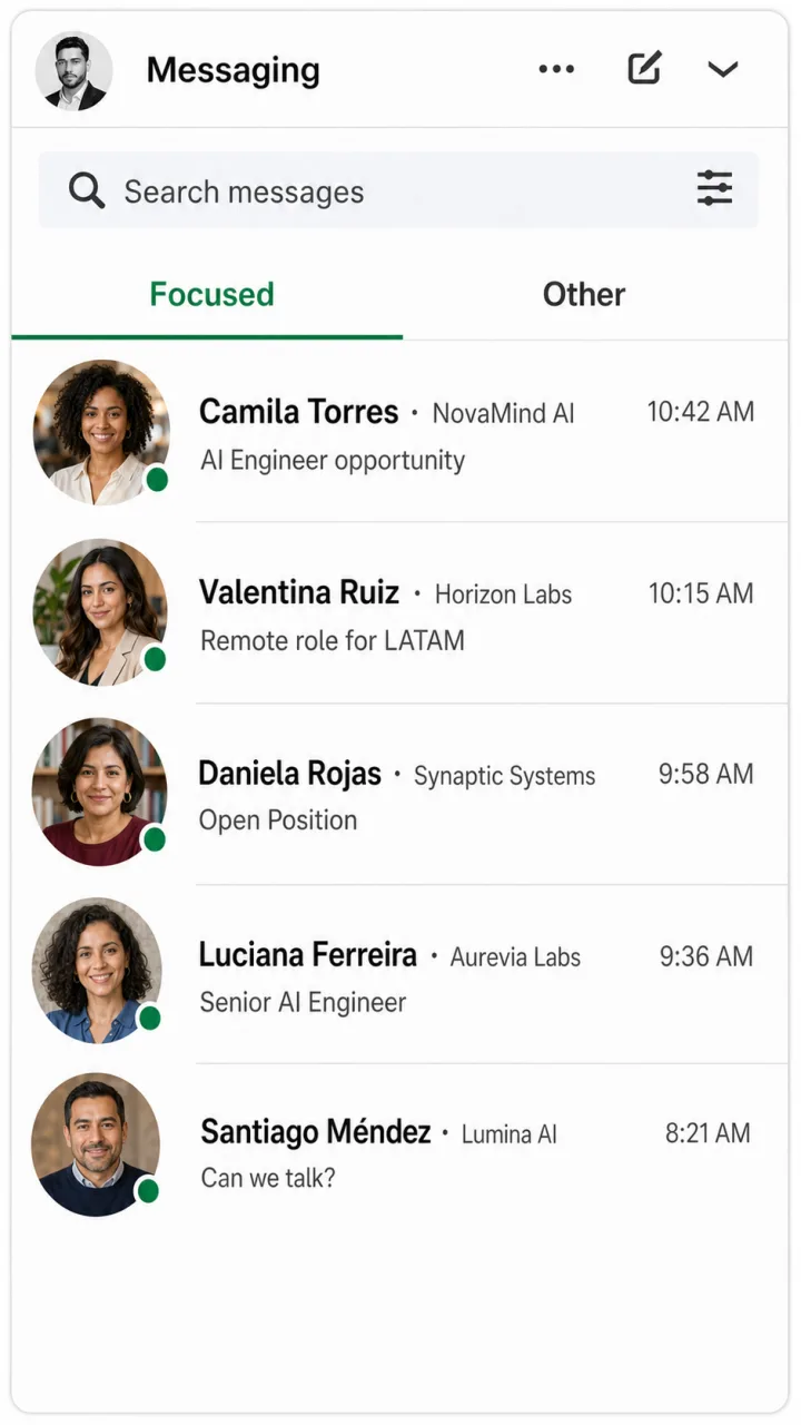 Ejemplo ilustrativo de una bandeja con mensajes de recruiters de AI